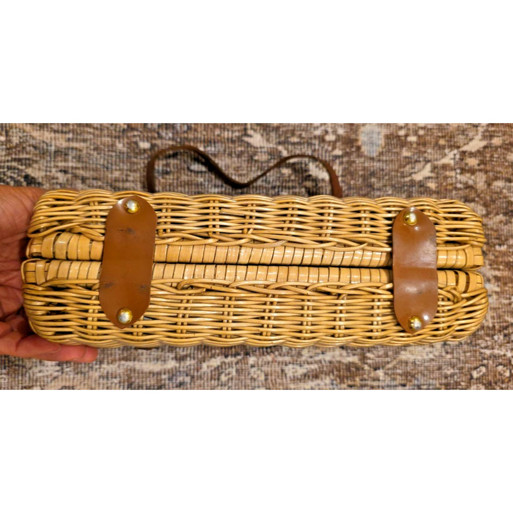 Hong Kong Coated Wicker Basket Purse Vtg 60s Mod Geometric Box Handbag MCM Retro - Picture 6 of 12
